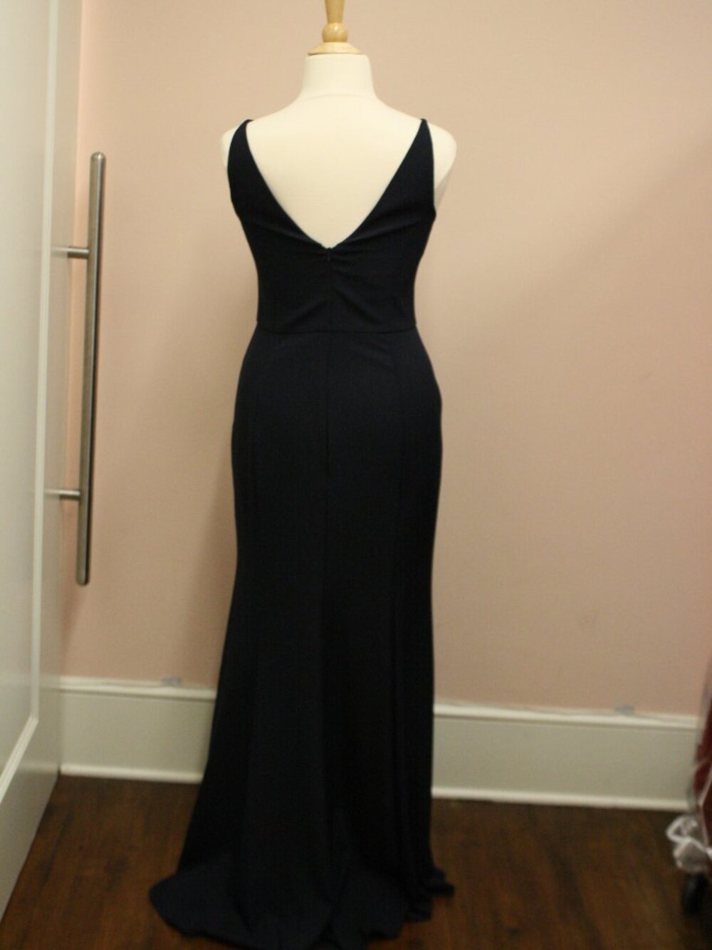 Modern Twist Front Navy Crepe Floor Length Formal Gown with slit Amsale Dallas - Picture 2 of 11